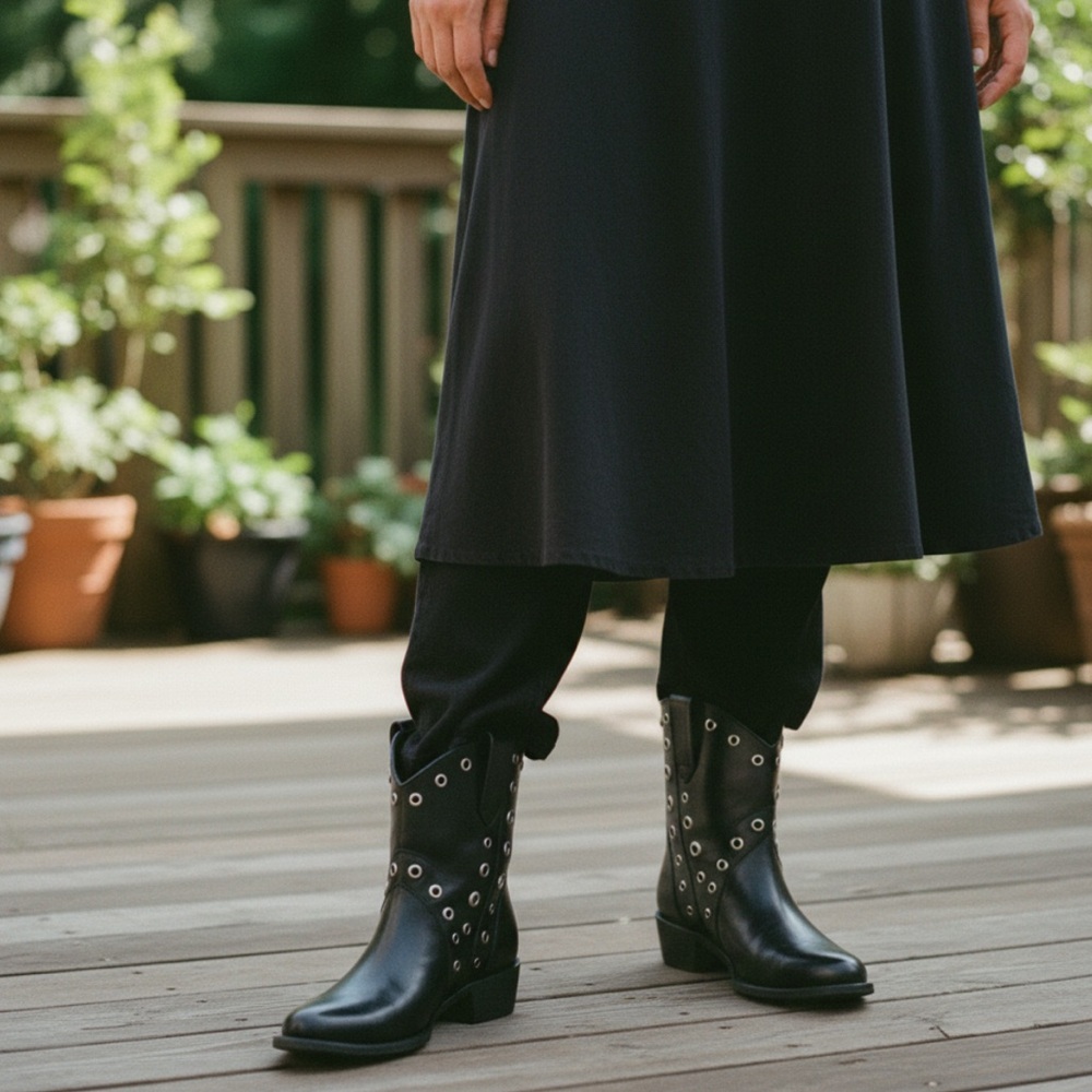Frye Diana Grommet Black Leather Studded Short Moto Pull On Western Ankle Boots - Picture 4 of 14